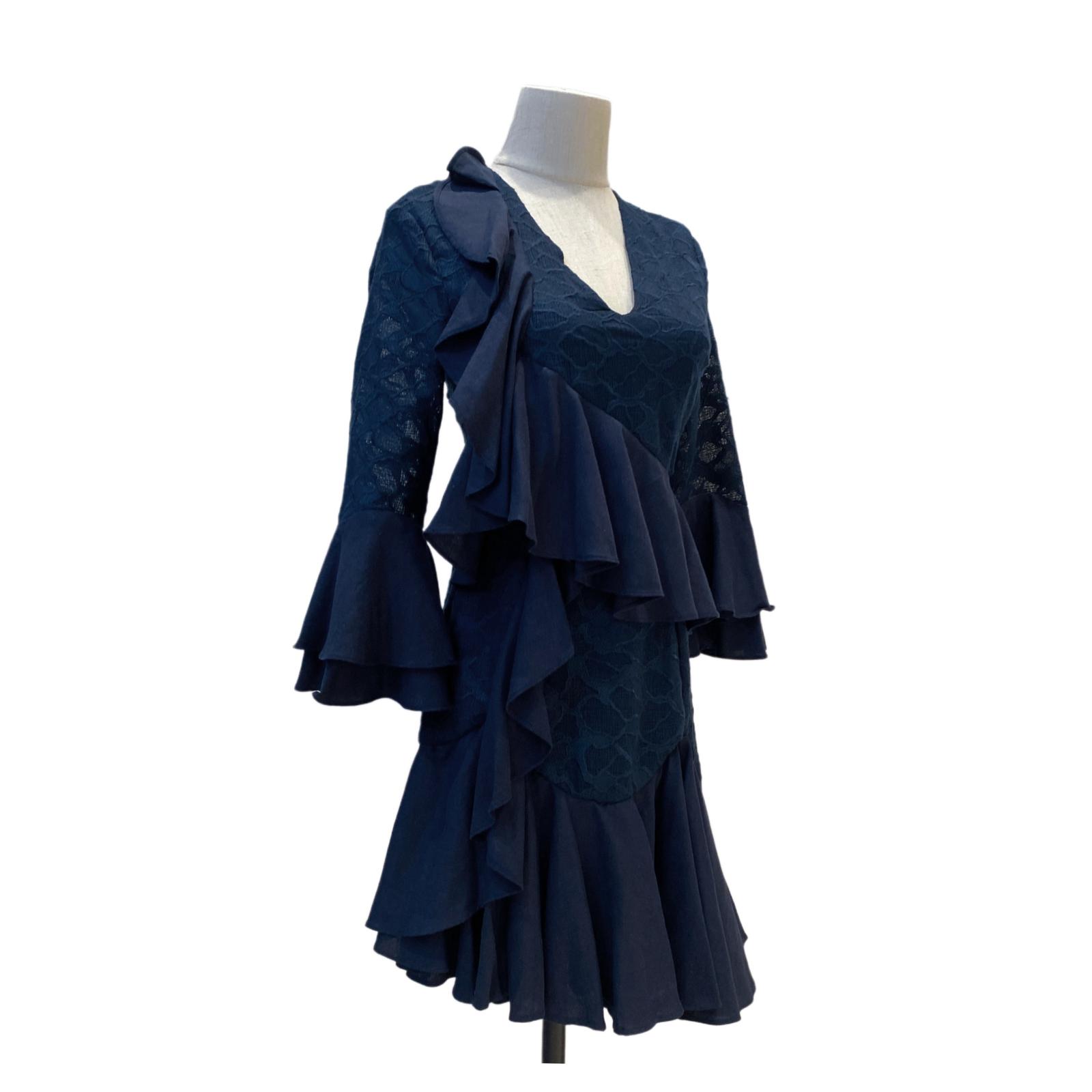 c meo collective blue dress C/Meo XXS Navy Ruffle Detailed Flare (Great Condition) Vintage 90s Pastel Floral full_price Women's size:24W Reuniontower com